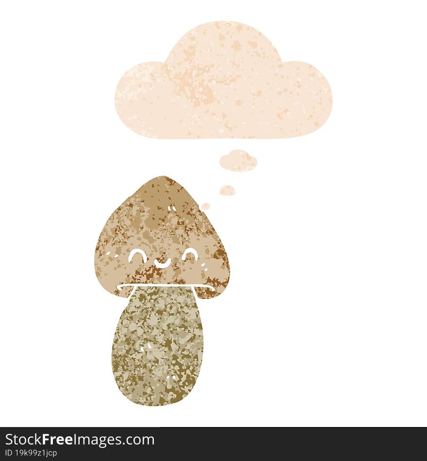 cartoon mushroom with thought bubble in grunge distressed retro textured style. cartoon mushroom with thought bubble in grunge distressed retro textured style