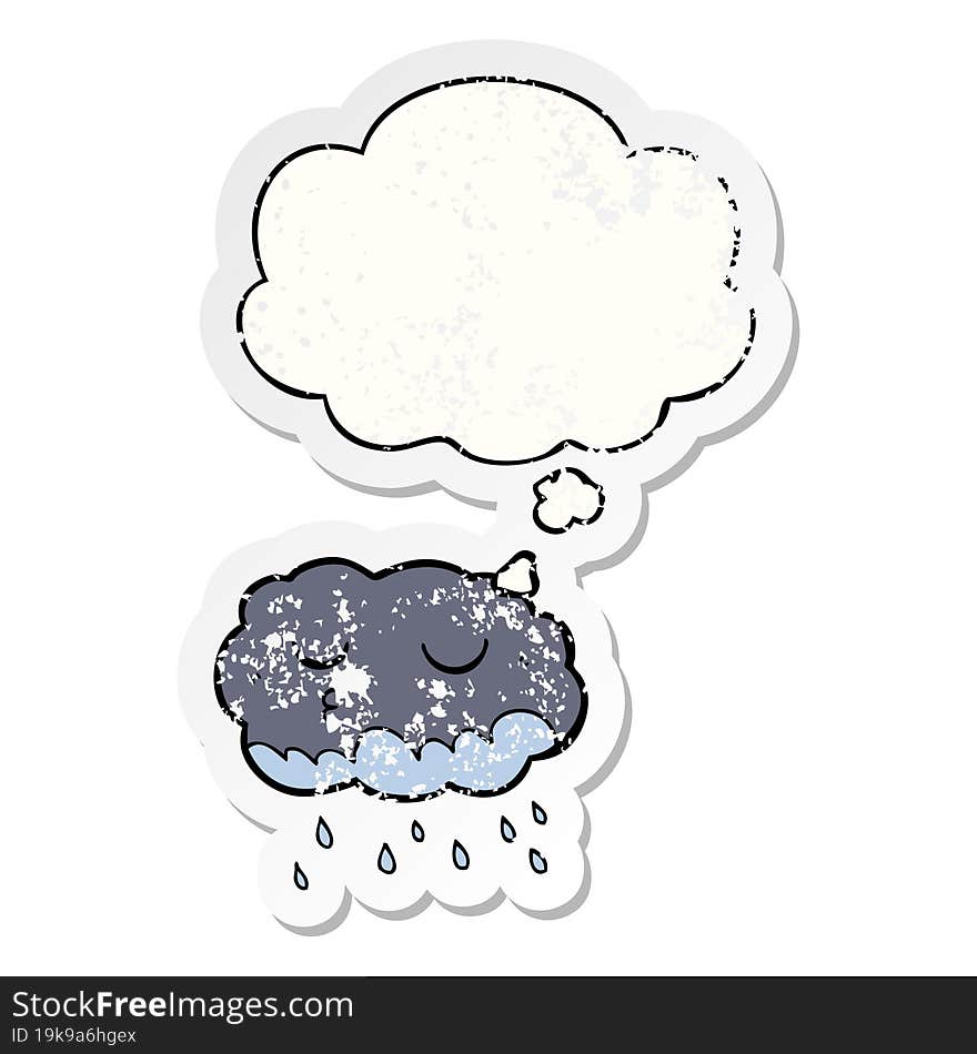 cartoon rain cloud and thought bubble as a distressed worn sticker