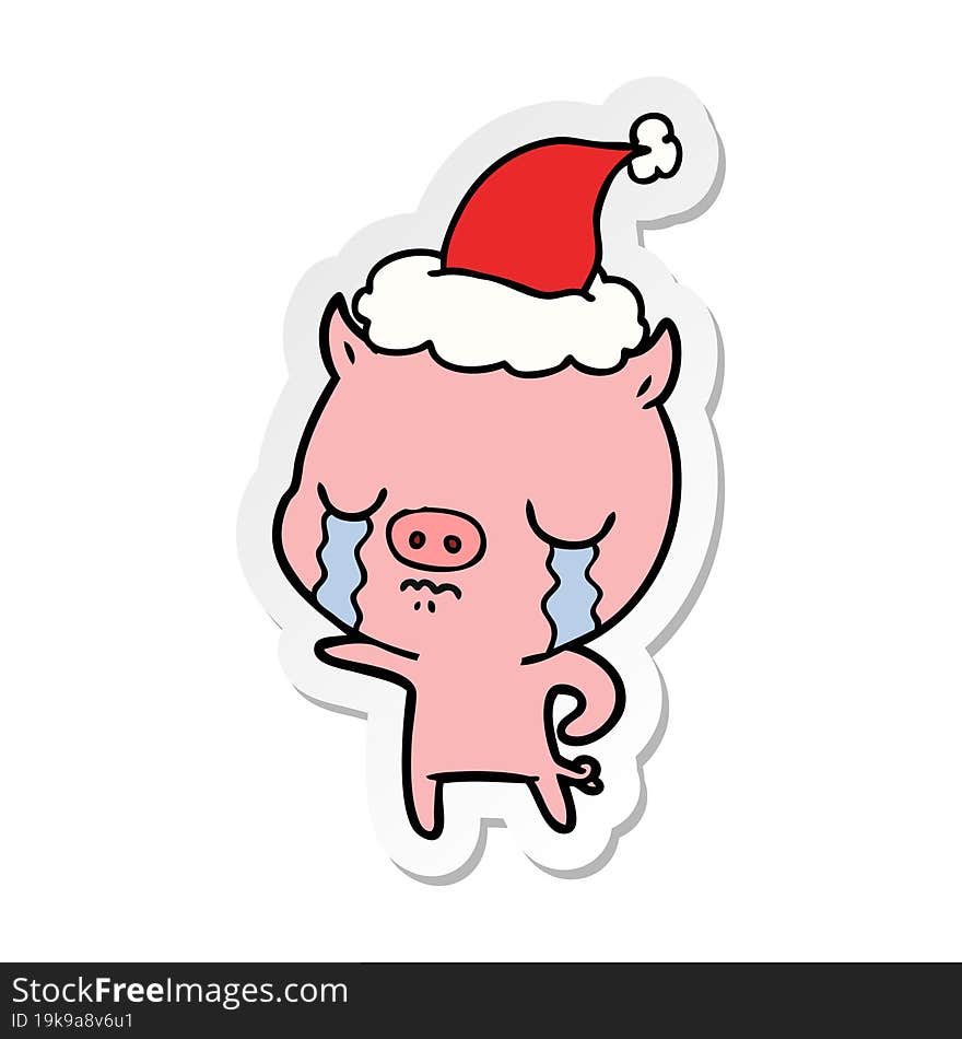 sticker cartoon of a pig crying wearing santa hat