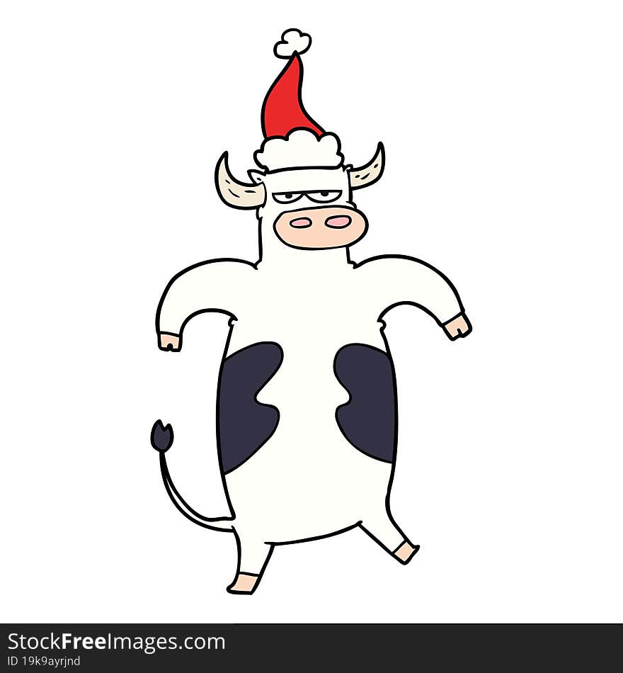 hand drawn line drawing of a bull wearing santa hat