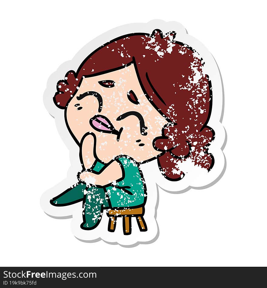 distressed sticker cartoon of a kawaii woman