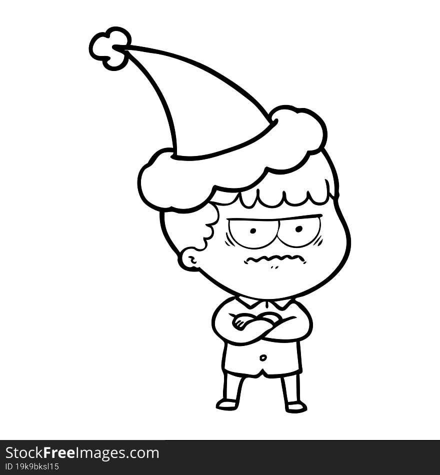 line drawing of an annoyed man wearing santa hat