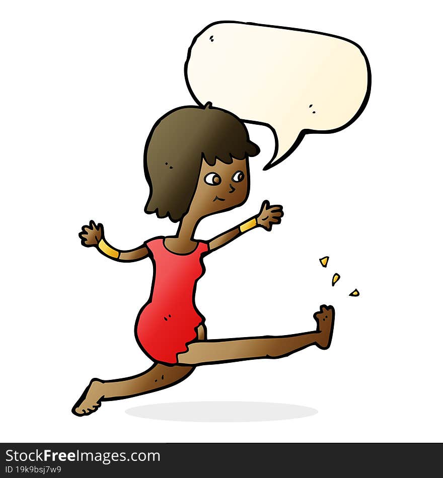 cartoon happy woman kicking with speech bubble