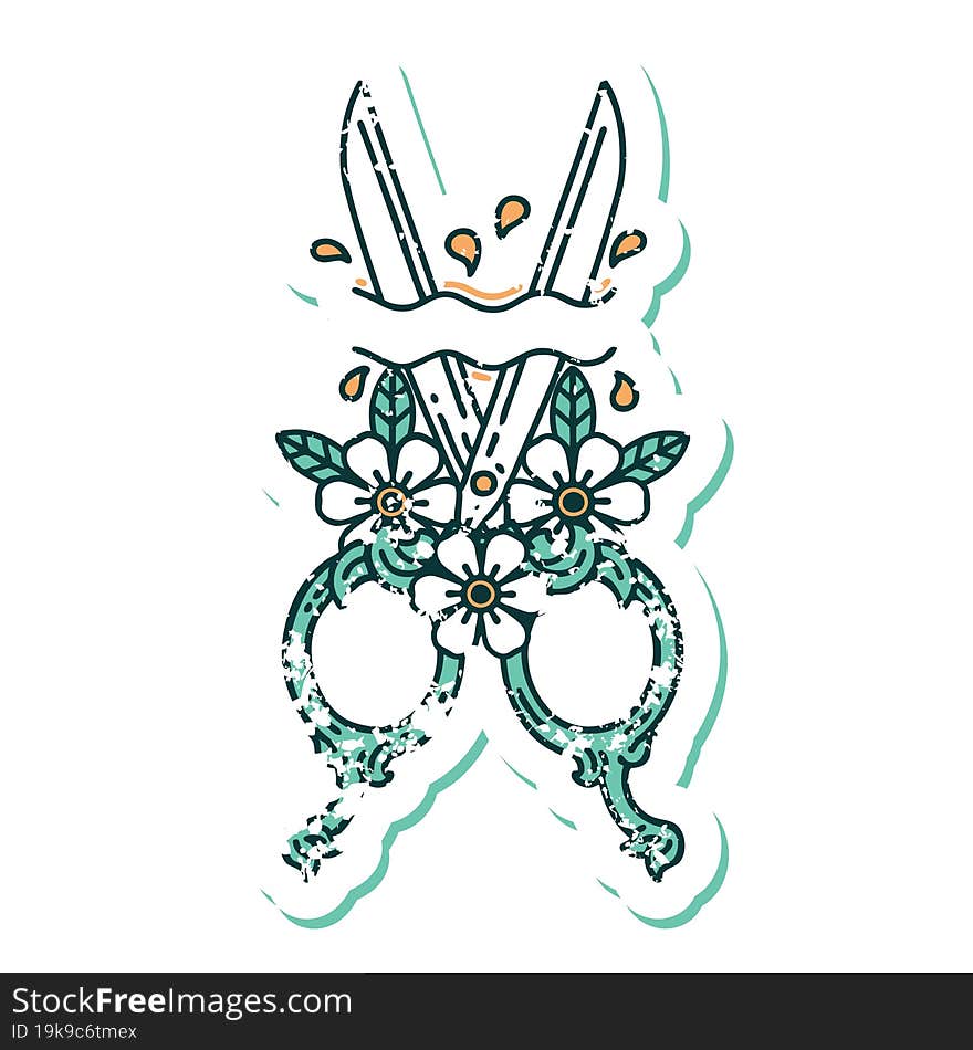 distressed sticker tattoo style icon of a barber scissors and flowers