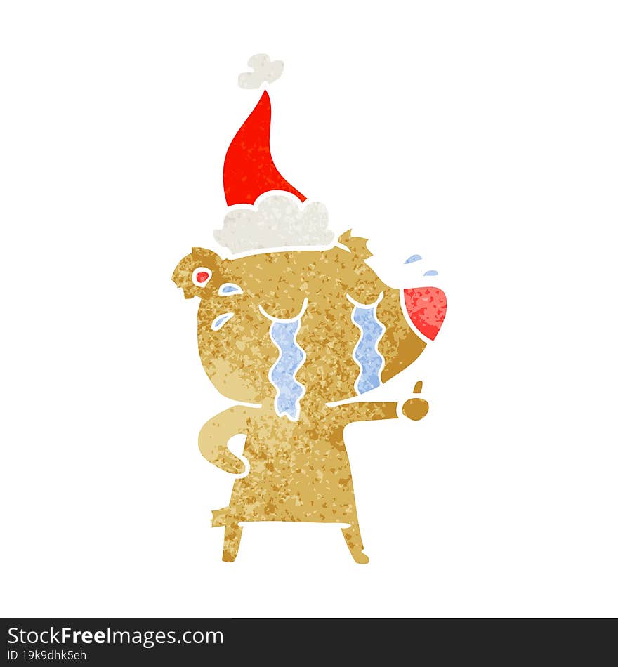 retro cartoon of a crying bear wearing santa hat