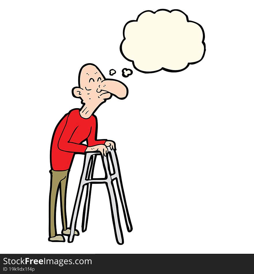 cartoon old man with walking frame with thought bubble