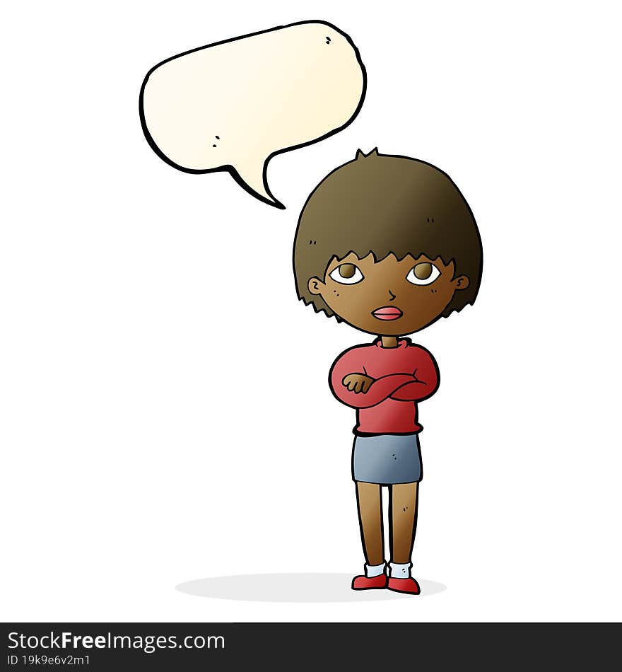 cartoon woman with crossed arms with speech bubble