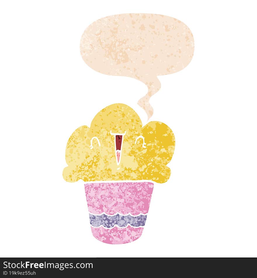 cartoon cupcake with face and speech bubble in retro textured style