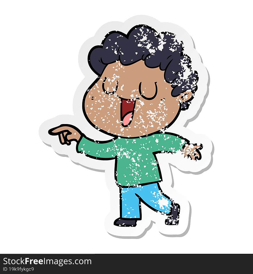 distressed sticker of a laughing cartoon man pointing