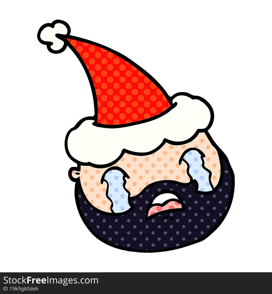 Comic Book Style Illustration Of A Male Face With Beard Wearing Santa Hat