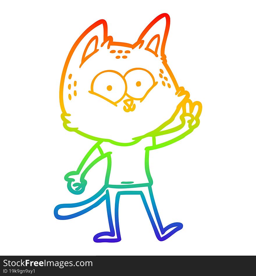 rainbow gradient line drawing of a cartoon cat giving peace sign