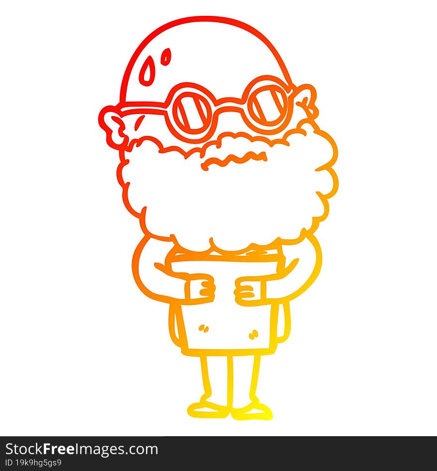 warm gradient line drawing of a cartoon worried man with beard and spectacles