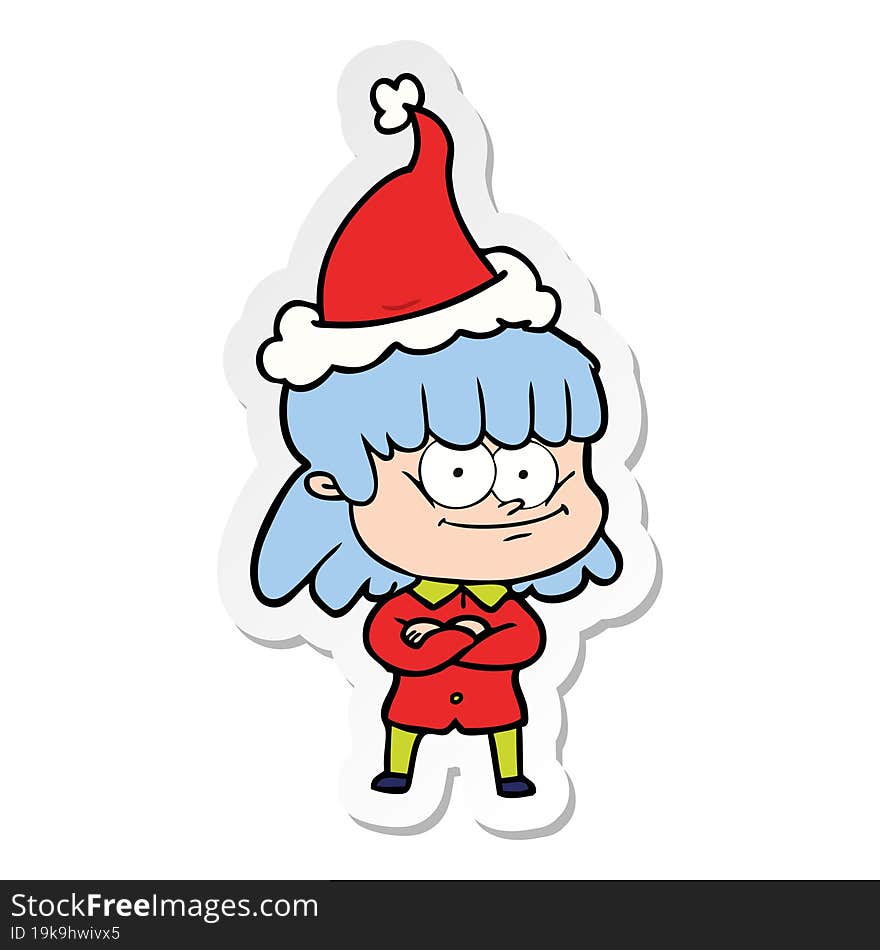 sticker cartoon of a smiling woman wearing santa hat