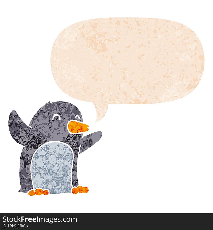 cartoon excited penguin and speech bubble in retro textured style