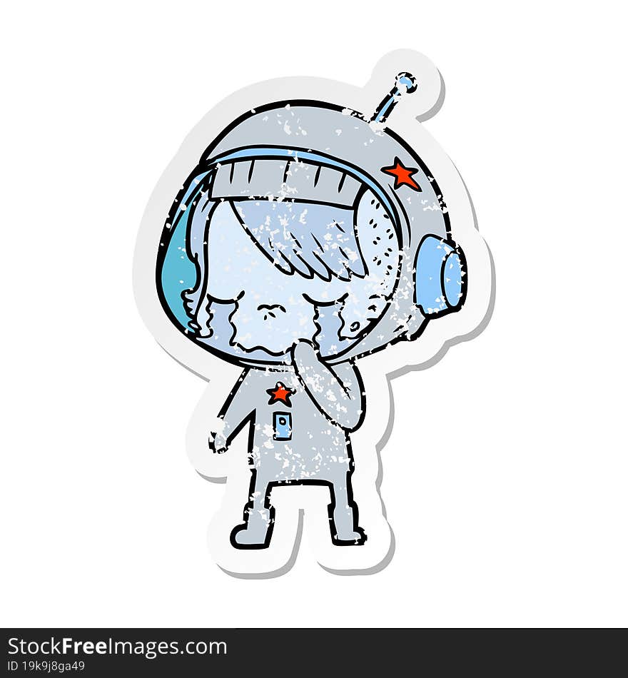 distressed sticker of a cartoon crying astronaut girl