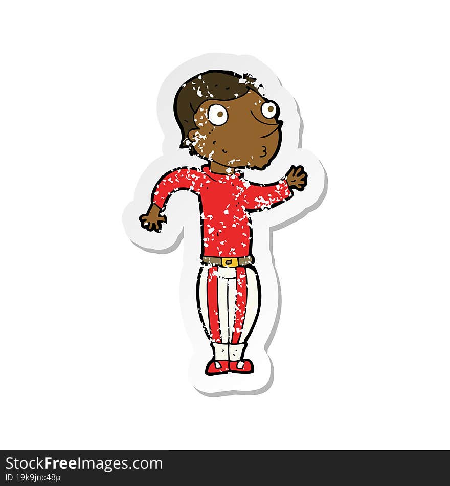 retro distressed sticker of a cartoon man in loud clothes