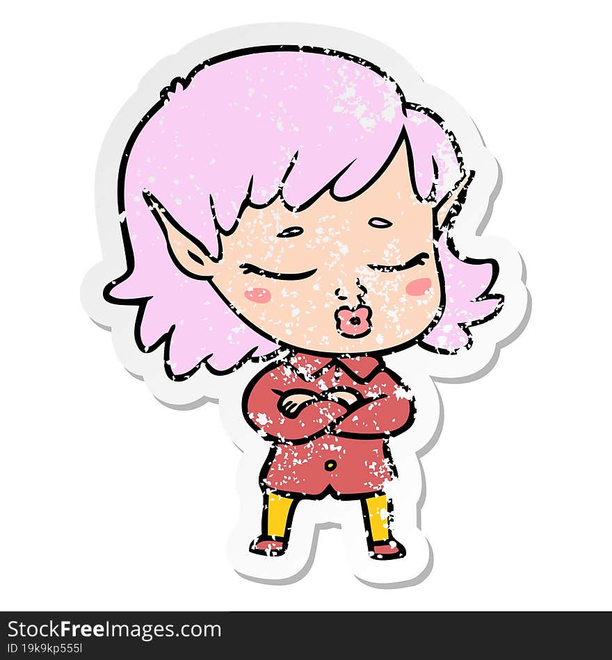 distressed sticker of a pretty cartoon elf girl