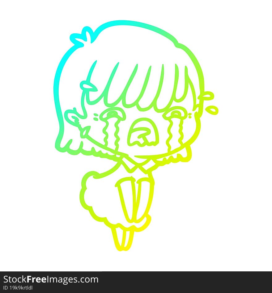 cold gradient line drawing of a cartoon girl crying