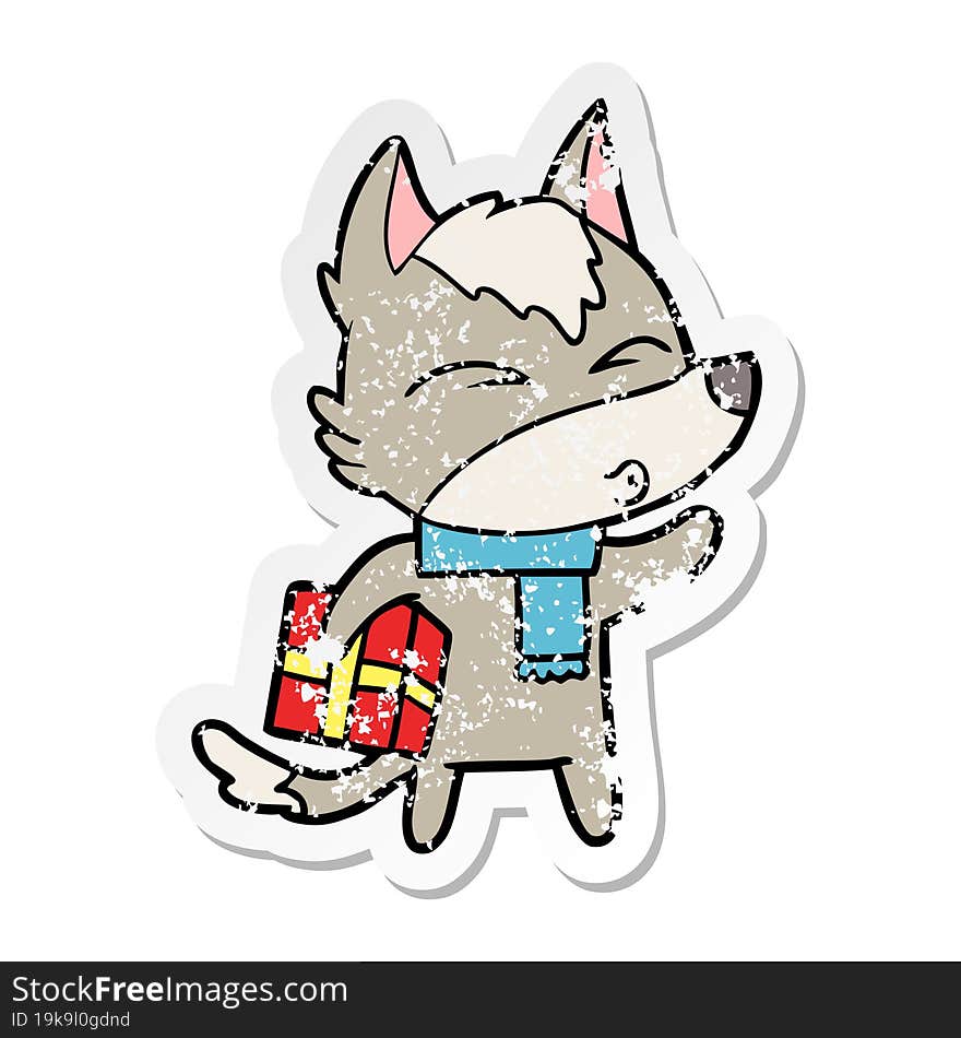 distressed sticker of a cartoon christmas wolf whistling