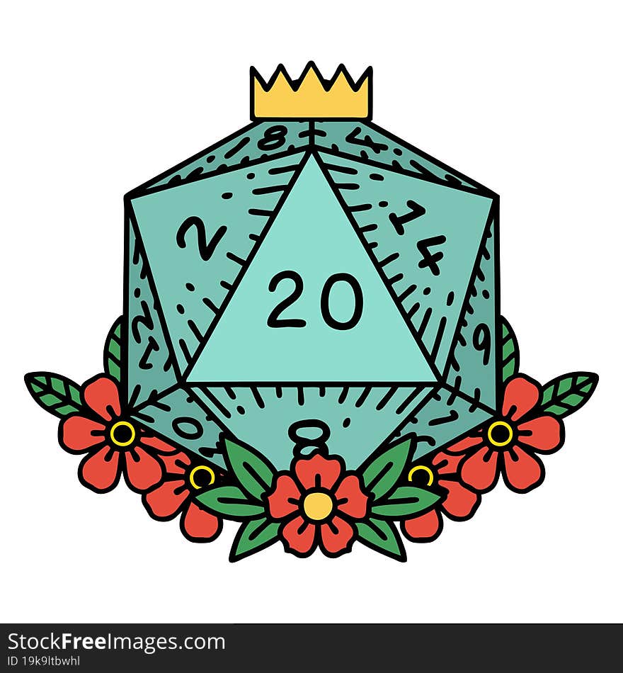 natural 20 D20 dice roll with floral elements illustration