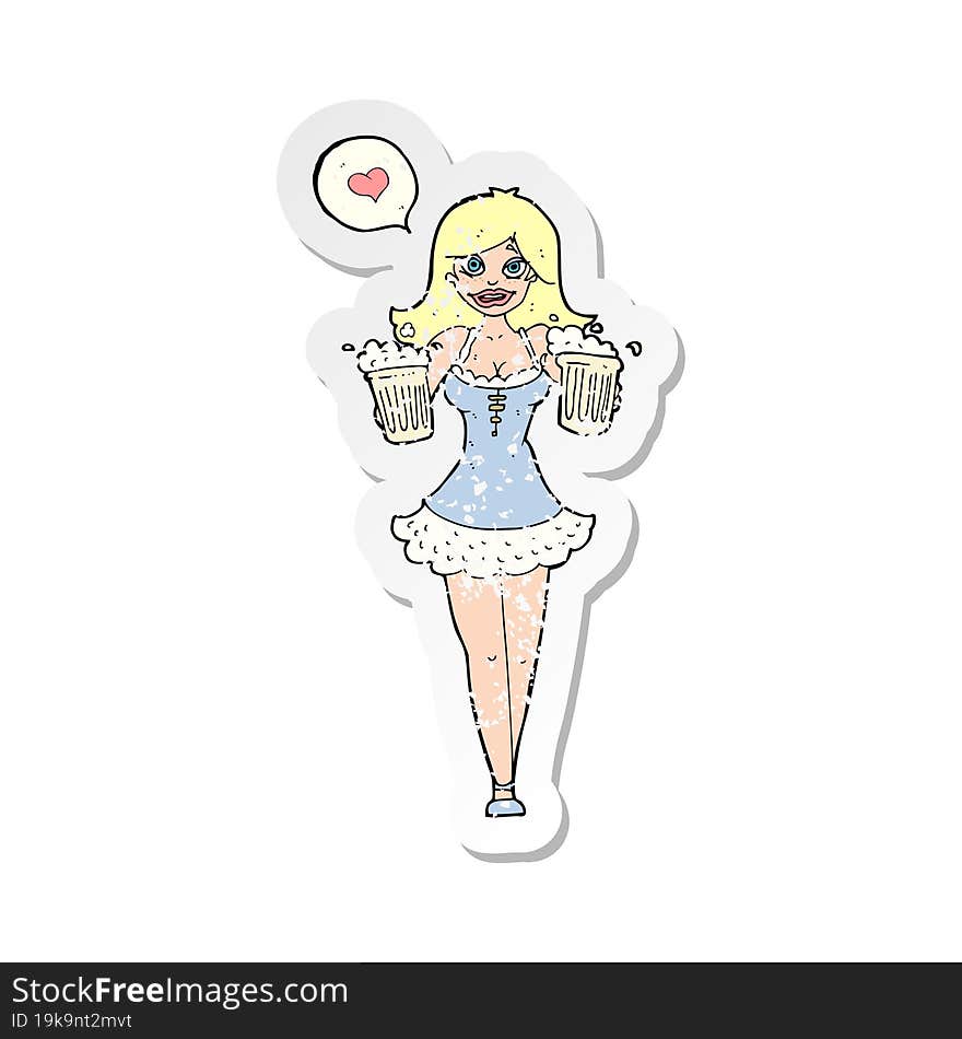 retro distressed sticker of a cartoon woman serving beer