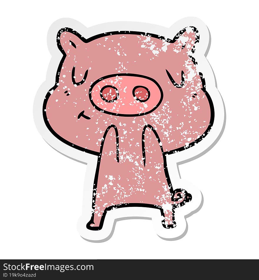 distressed sticker of a cartoon content pig