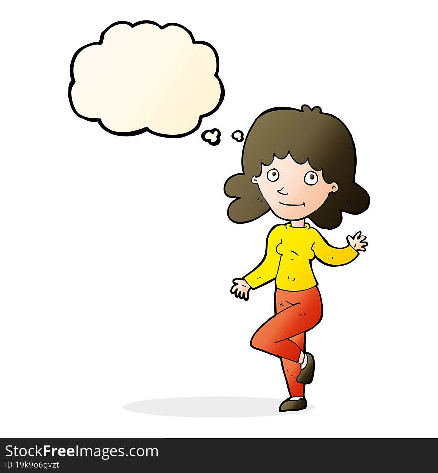 cartoon friendly woman waving with thought bubble