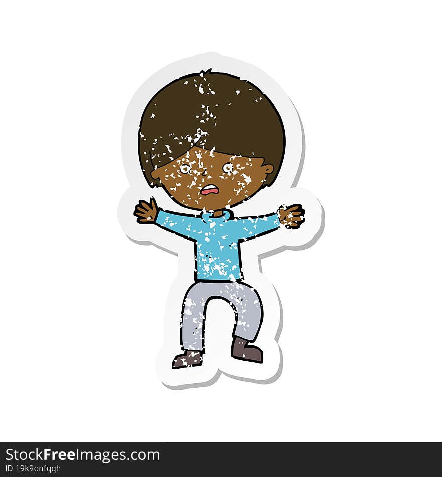 retro distressed sticker of a cartoon boy panicking