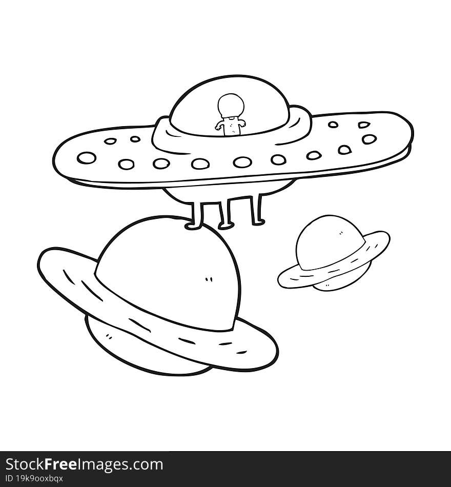 black and white cartoon flying saucer in space