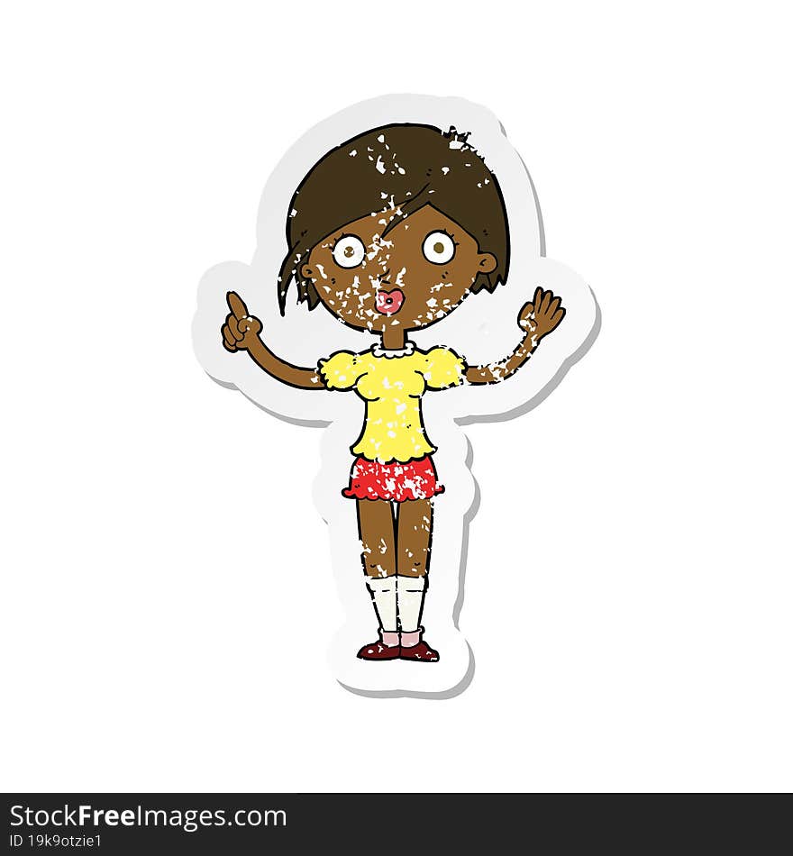 retro distressed sticker of a cartoon girl asking question