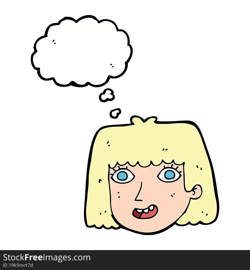 cartoon happy female face with thought bubble