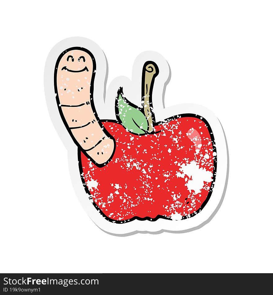 Retro Distressed Sticker Of A Cartoon Apple With Worm