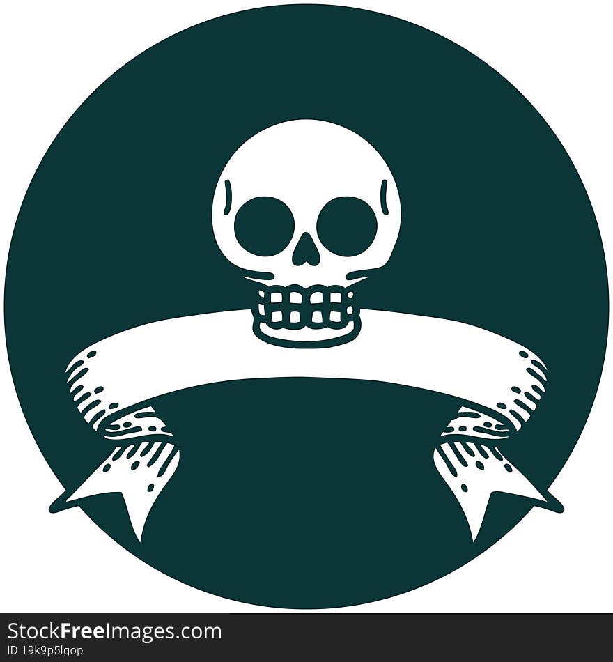 tattoo style icon with banner of a skull