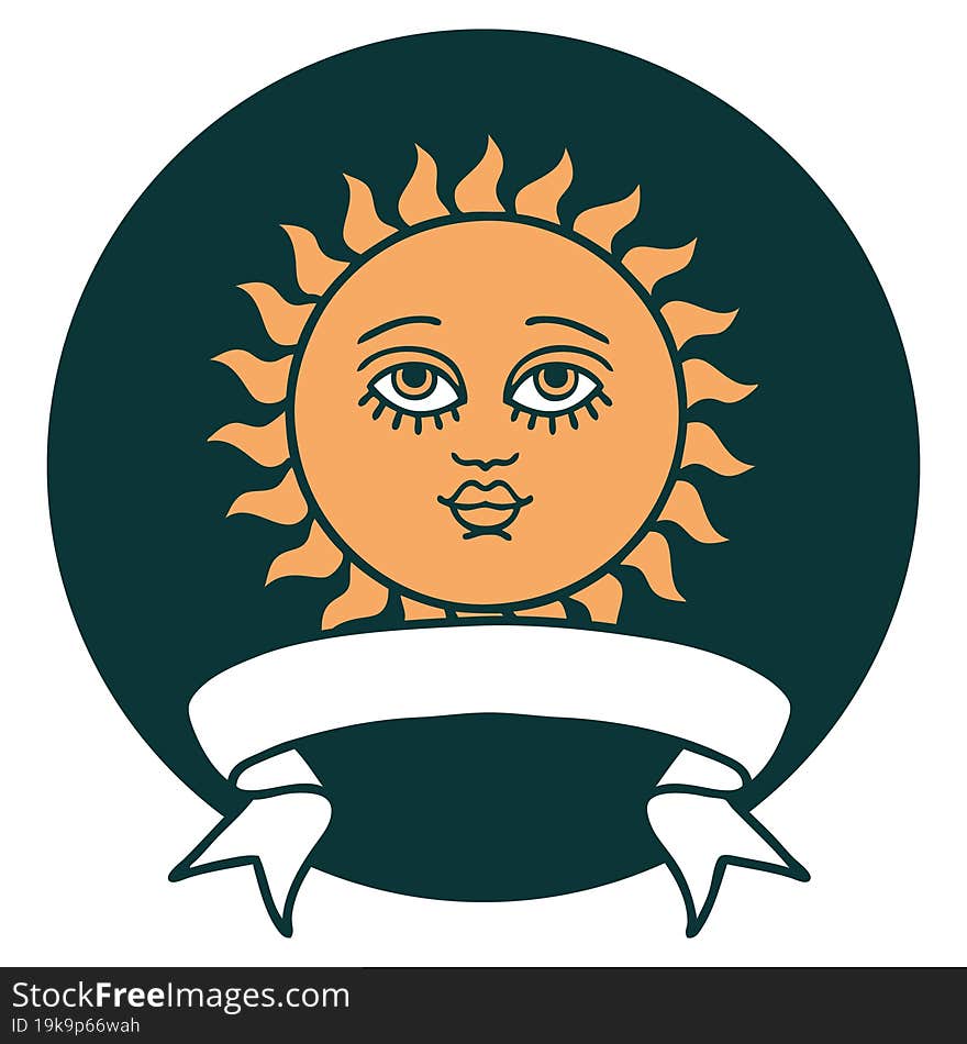 icon with banner of a sun with face