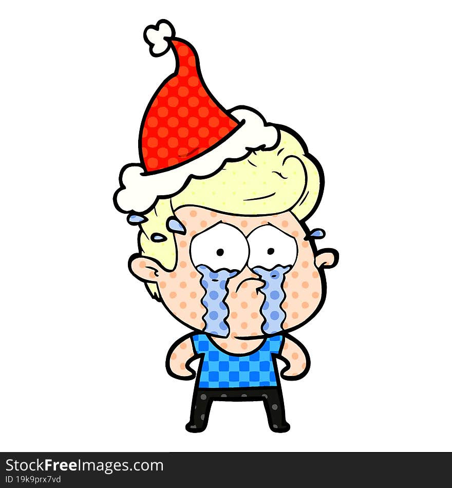 Comic Book Style Illustration Of A Crying Man Wearing Santa Hat