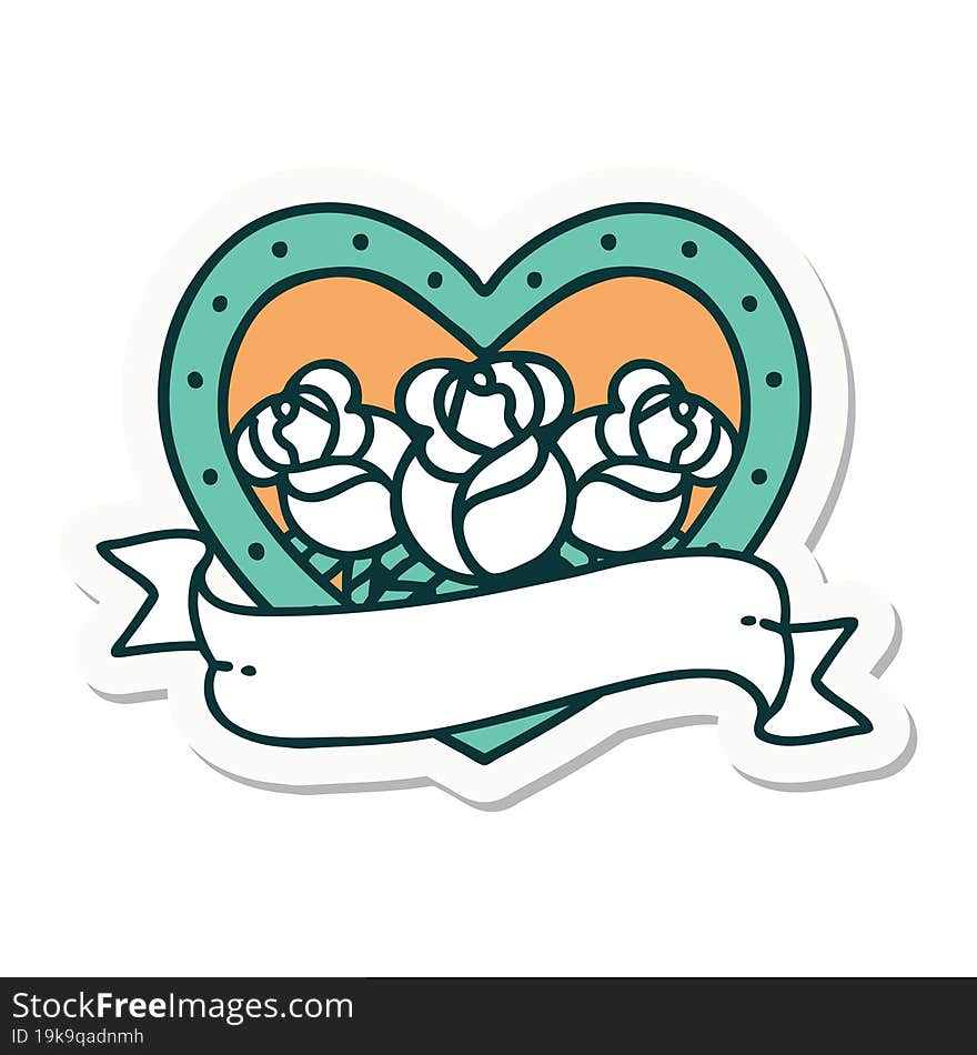 sticker of tattoo in traditional style of a heart and banner with flowers. sticker of tattoo in traditional style of a heart and banner with flowers