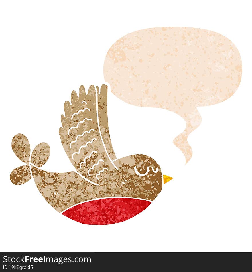 cartoon bird and speech bubble in retro textured style