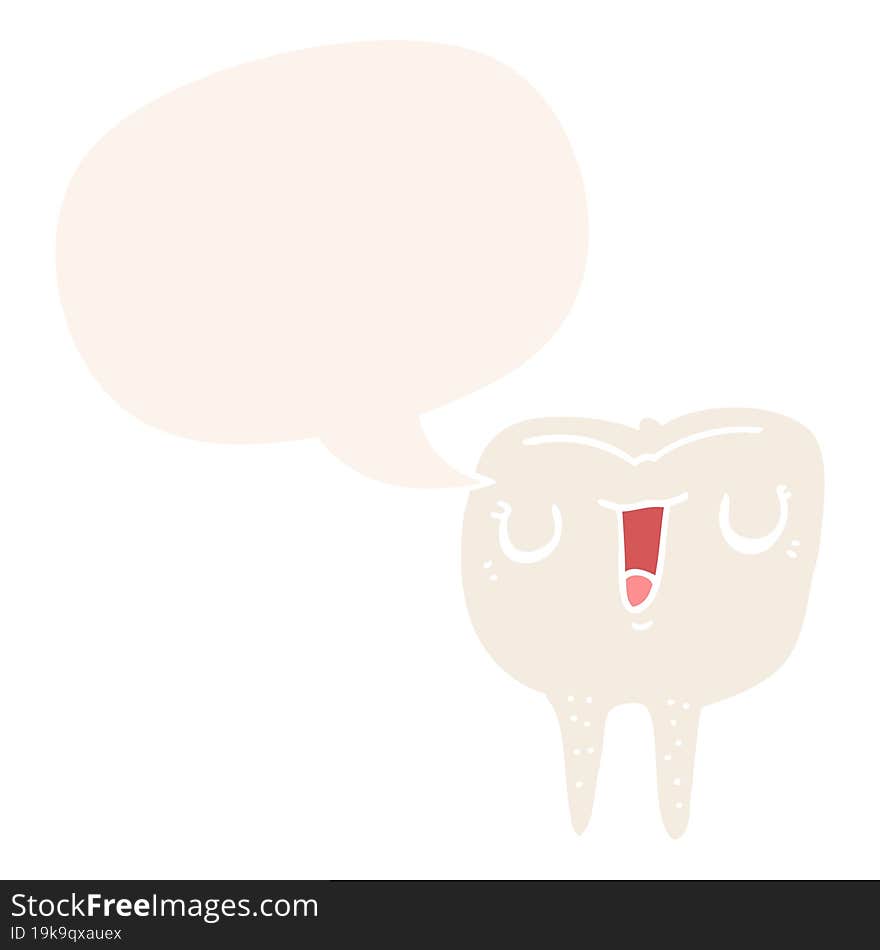 Cartoon Happy Tooth And Speech Bubble In Retro Style