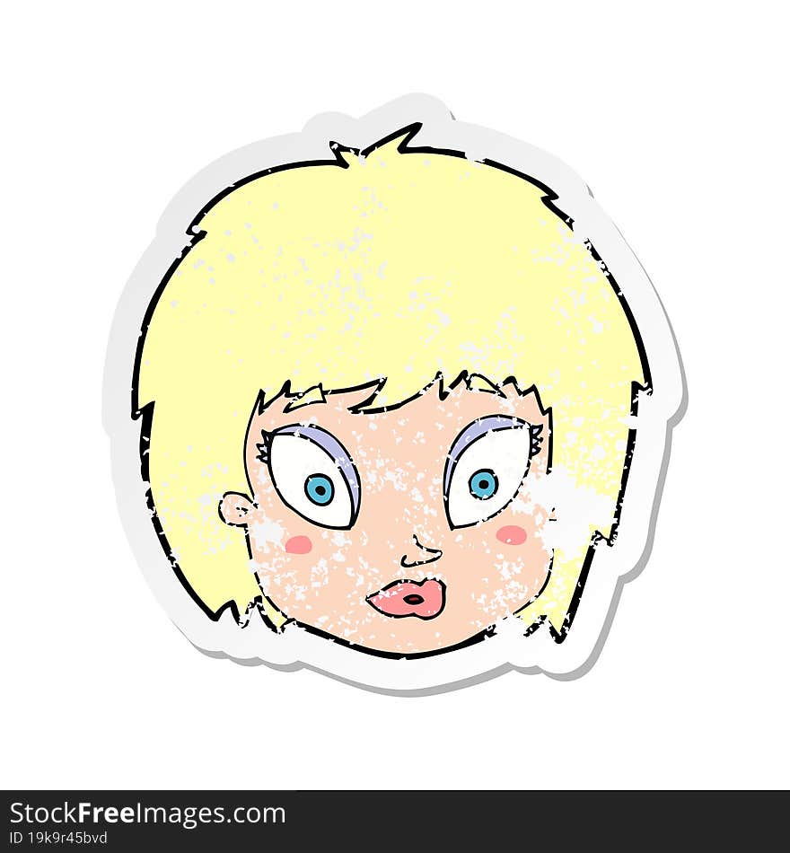 retro distressed sticker of a cartoon surprised female face