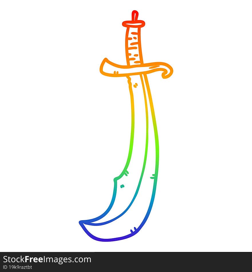 rainbow gradient line drawing of a curved sword