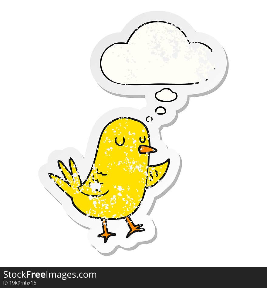 cartoon bird with thought bubble as a distressed worn sticker