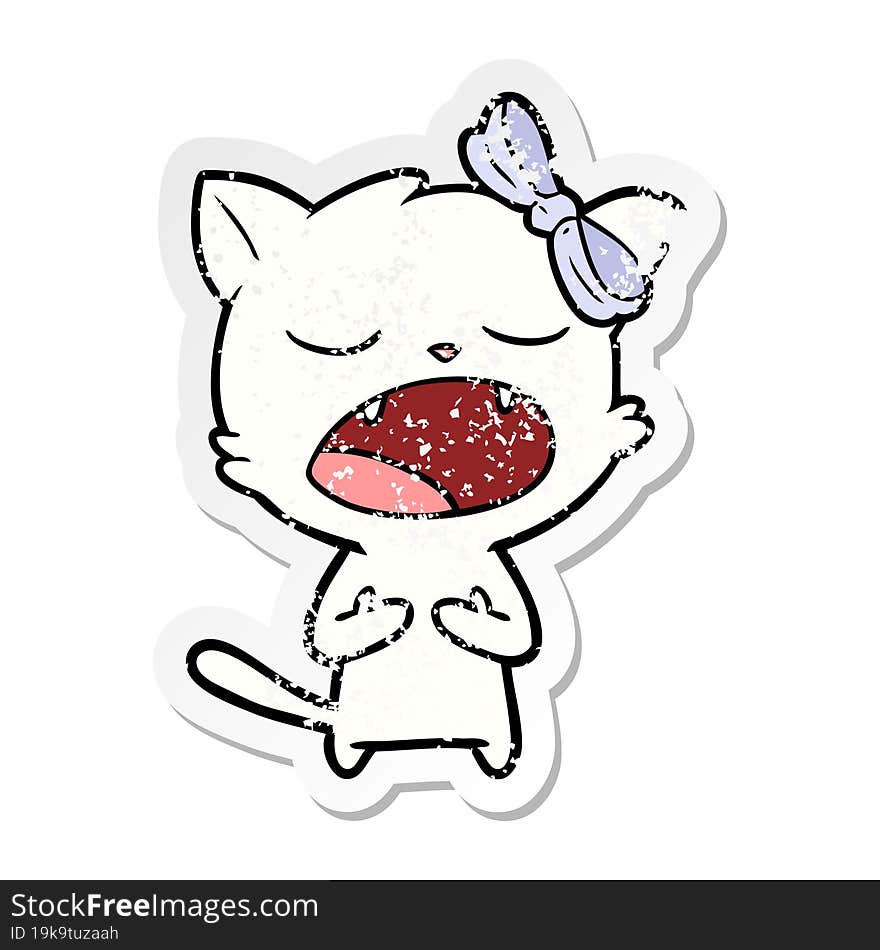 distressed sticker of a cartoon cat meowing