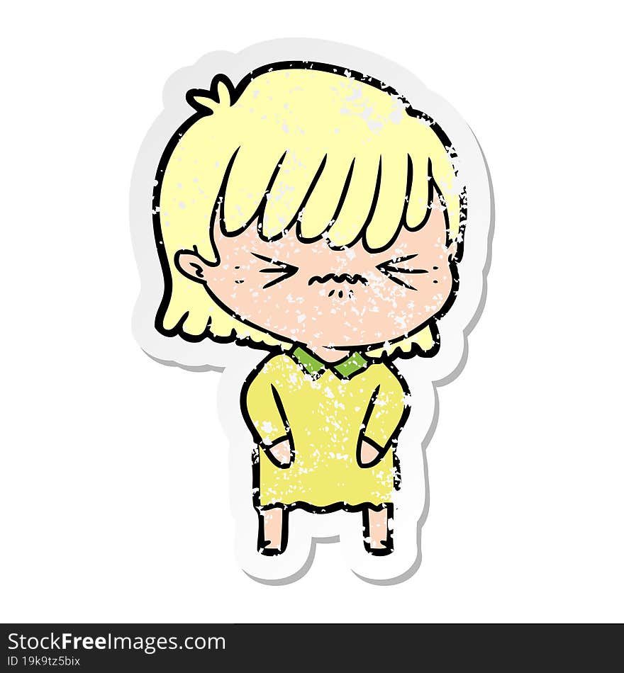 distressed sticker of a annoyed cartoon girl