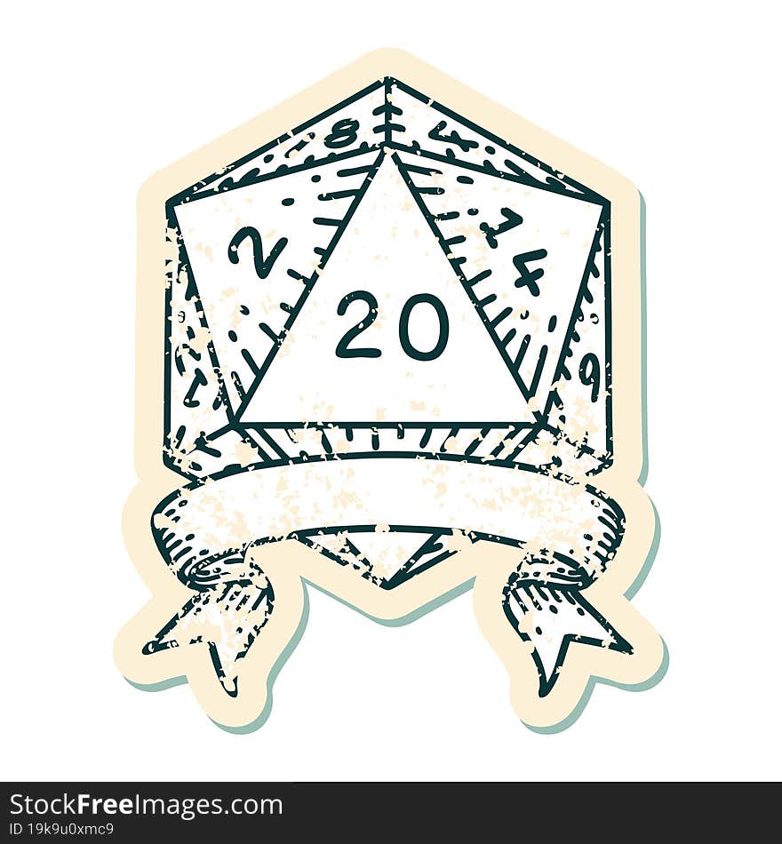 Retro Tattoo Style natural 20 critical hit D20 dice roll. Retro Tattoo Style natural 20 critical hit D20 dice roll