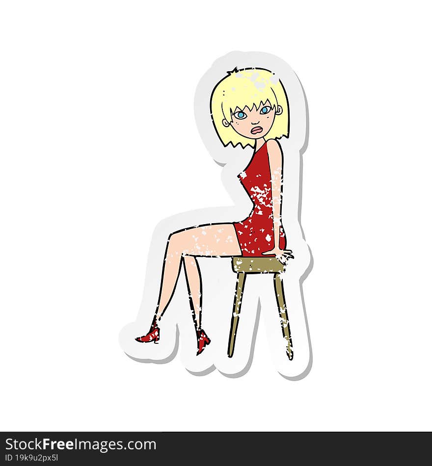 retro distressed sticker of a cartoon woman sitting on stool