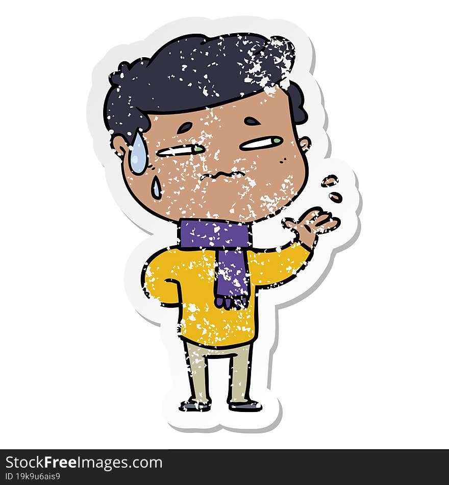 distressed sticker of a cartoon anxious man