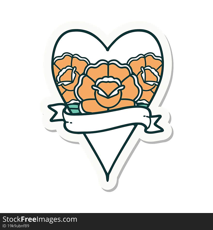 sticker of tattoo in traditional style of a heart and banner with flowers. sticker of tattoo in traditional style of a heart and banner with flowers