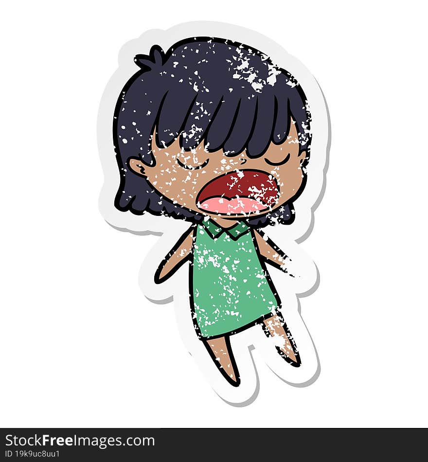 distressed sticker of a cartoon woman talking loudly