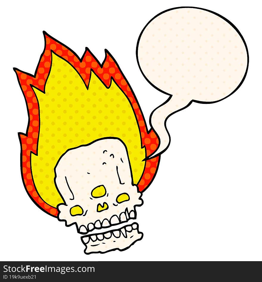 spooky cartoon flaming skull and speech bubble in comic book style