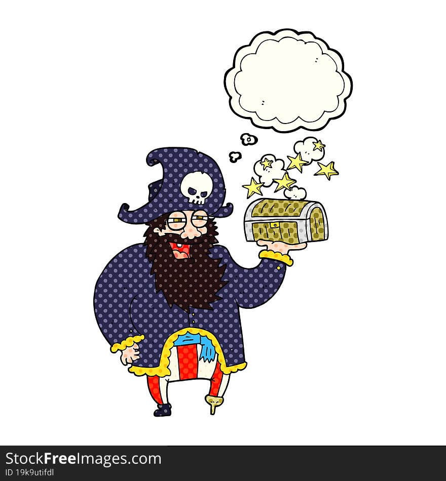 thought bubble cartoon pirate captain with treasure chest